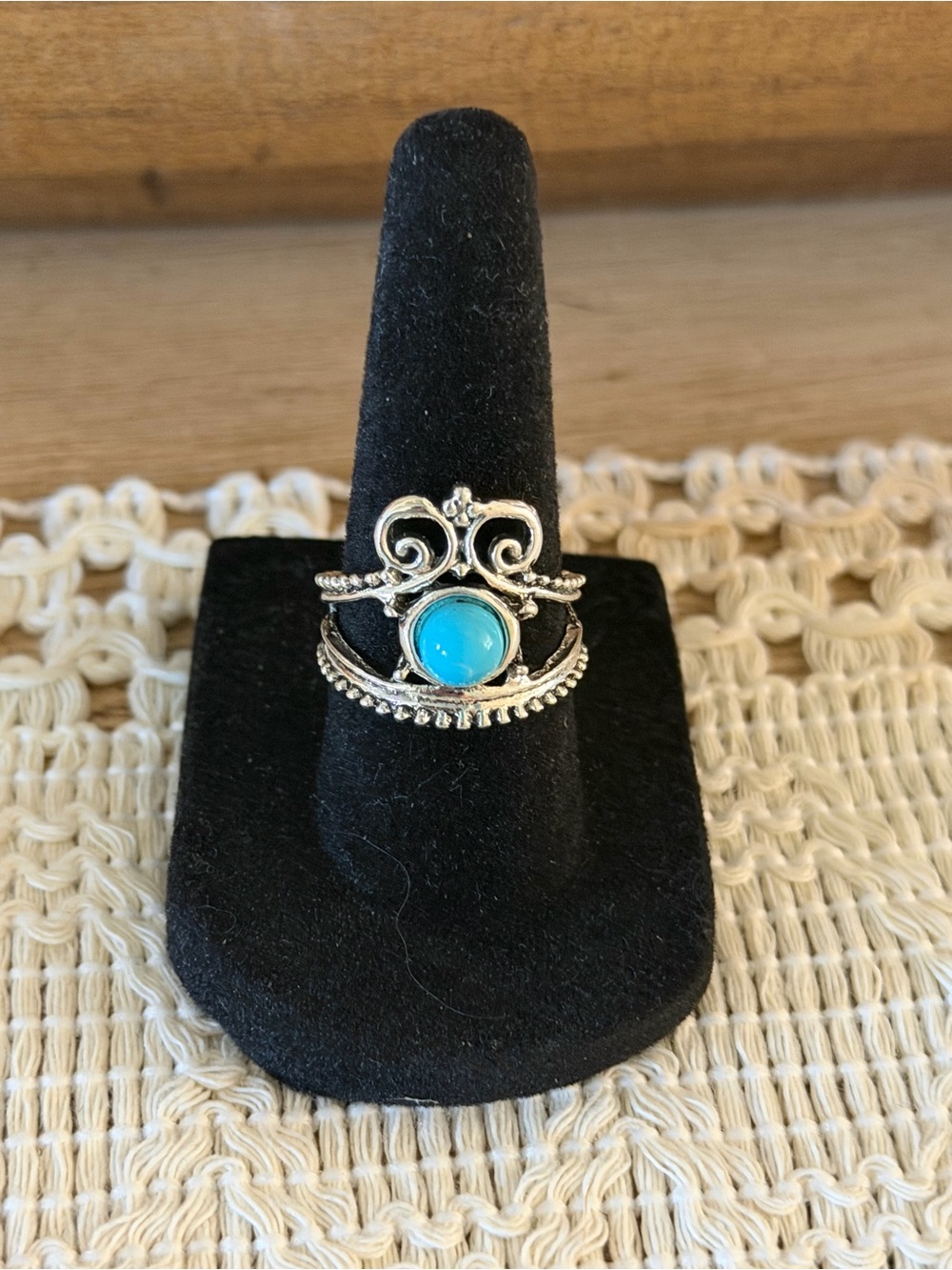 Silver Boho Turquoise Stackable Ring size 6.5- Blue Gem Accent